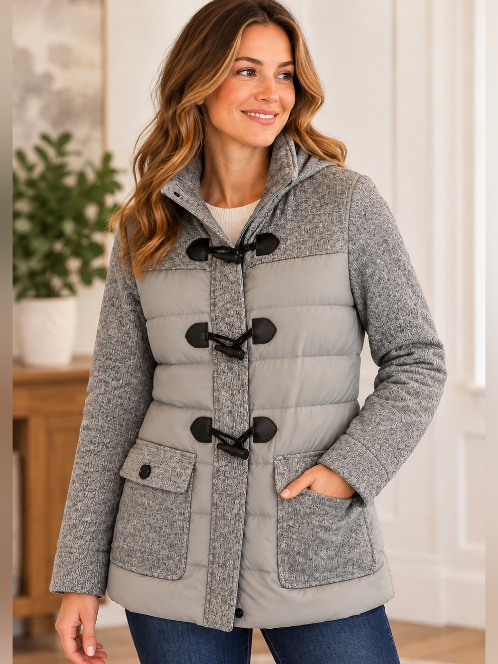 🩶 Lands’ End Gray Quilted Knit Toggle Hooded Jacket Women’s Medium